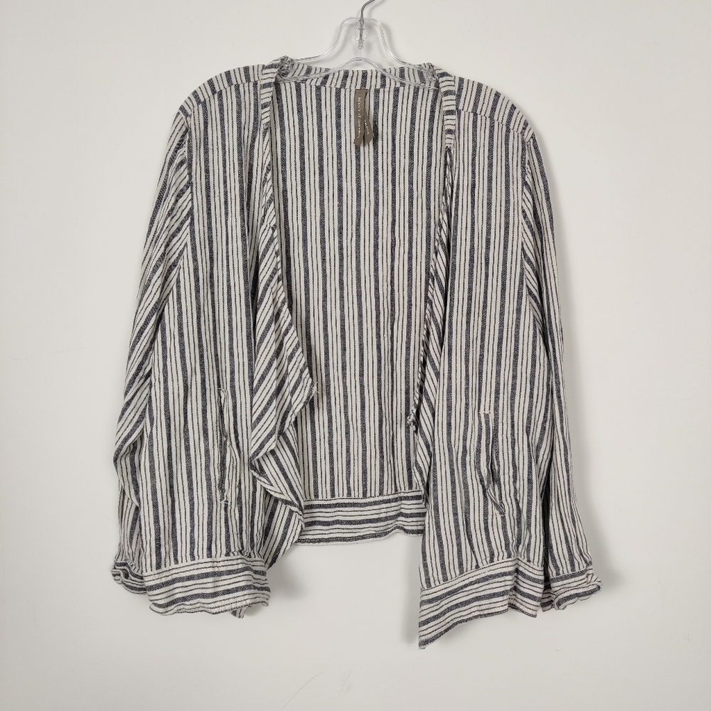 Penningtons Women's Striped Open Front Cardigan in Blue White Size 3X Linen Boho